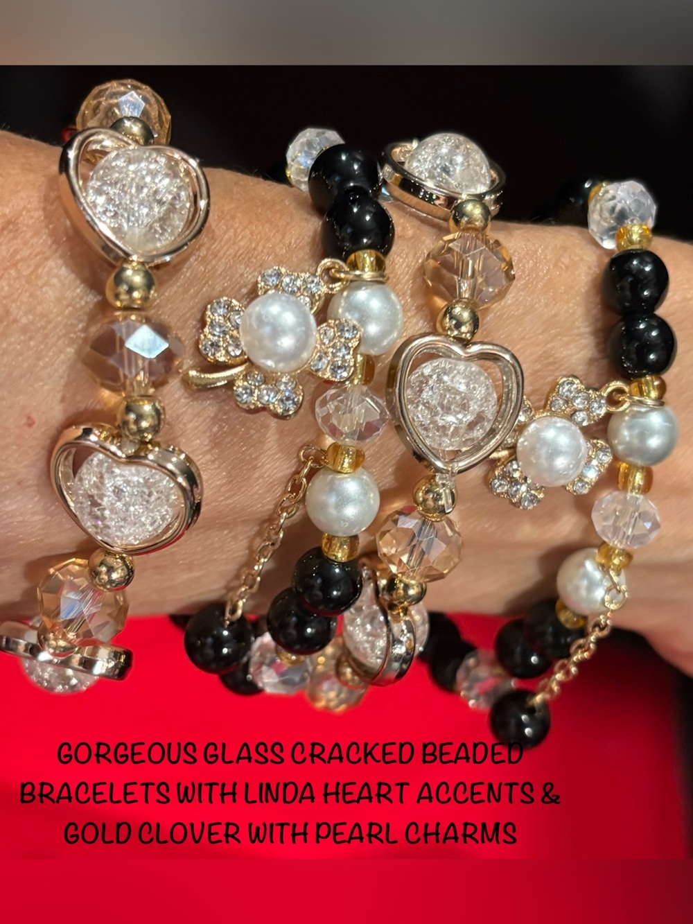 NEW GLASS CRACKED WHITE & BLACK BEADED BRACELETS W/LINDS HEARTS & PEARL CLOVERS